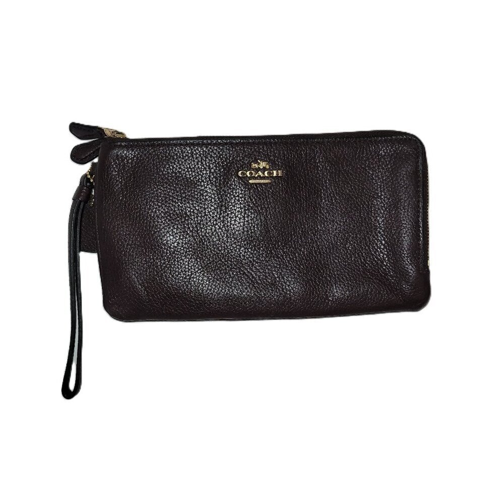 Coach Double Zip Brown Pebble Leather Wallet Wristlet Style Number 54052